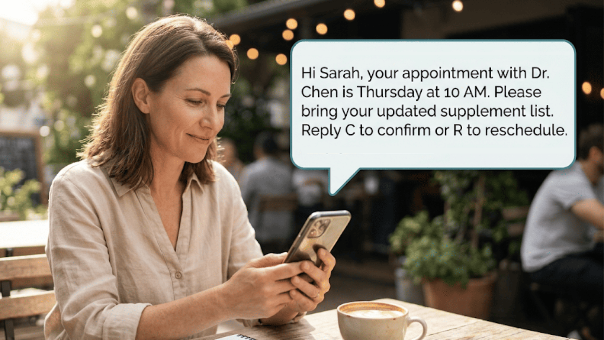 DPC member reviewing a frictionless appointment confirmation text from her integrative medicine practice