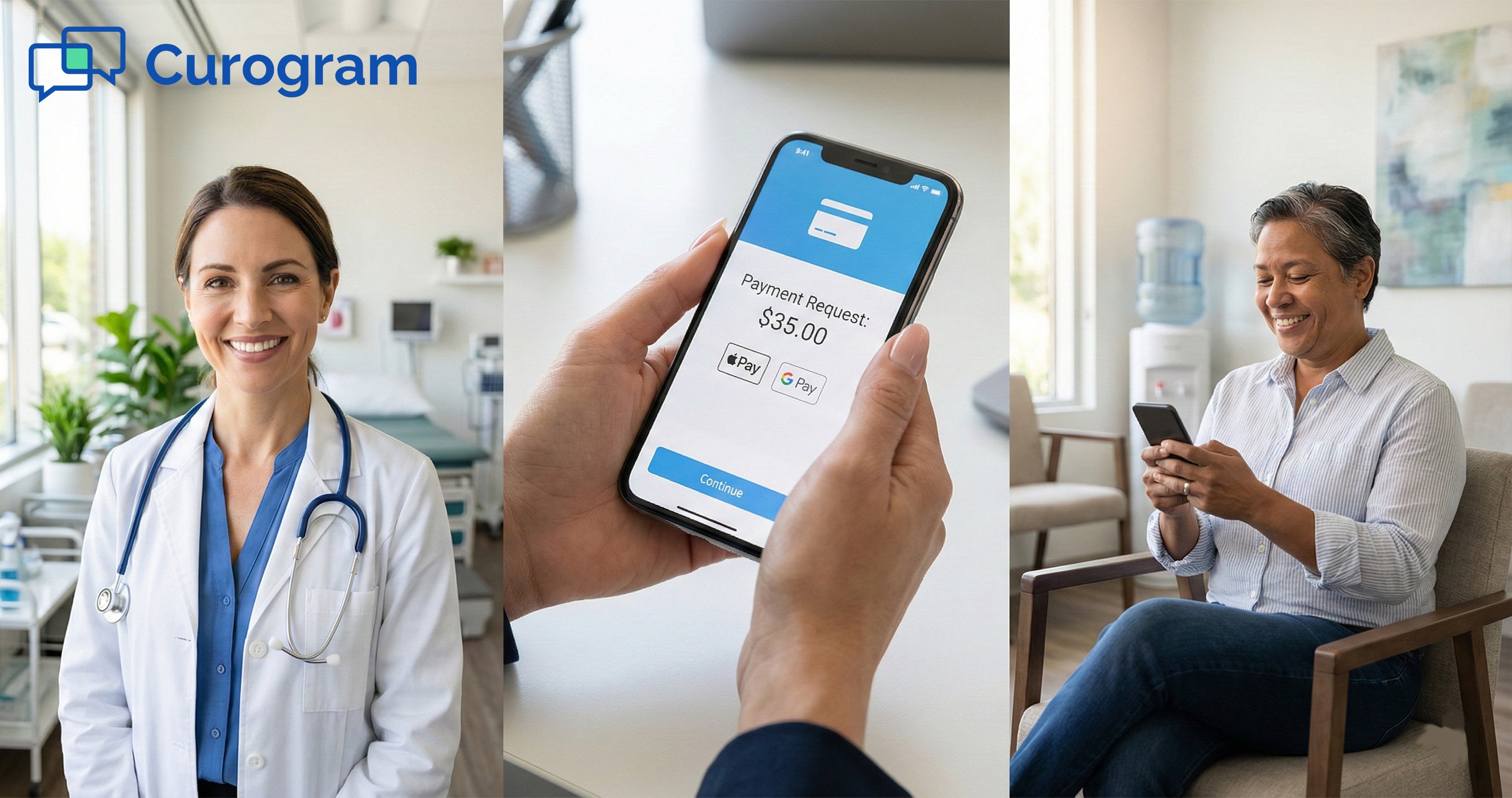 Triptych showing a doctor, a mobile payment screen, and a satisfied patient using digital billing