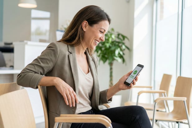 Woman smiling at a payment success screen on her phone in a clinic waiting area