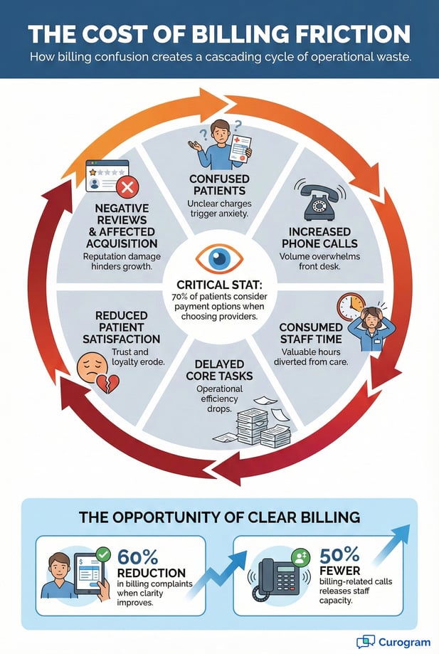Infographic illustrating the cascading cycle of operational waste caused by patient billing friction