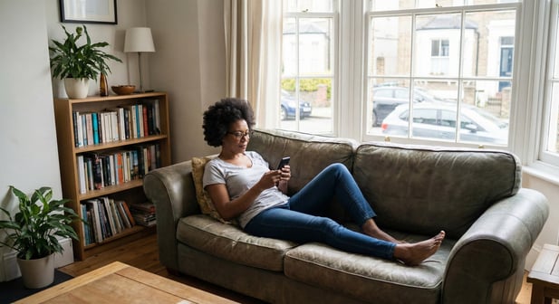 Patient relaxing at home using her smartphone to conveniently manage healthcare payments