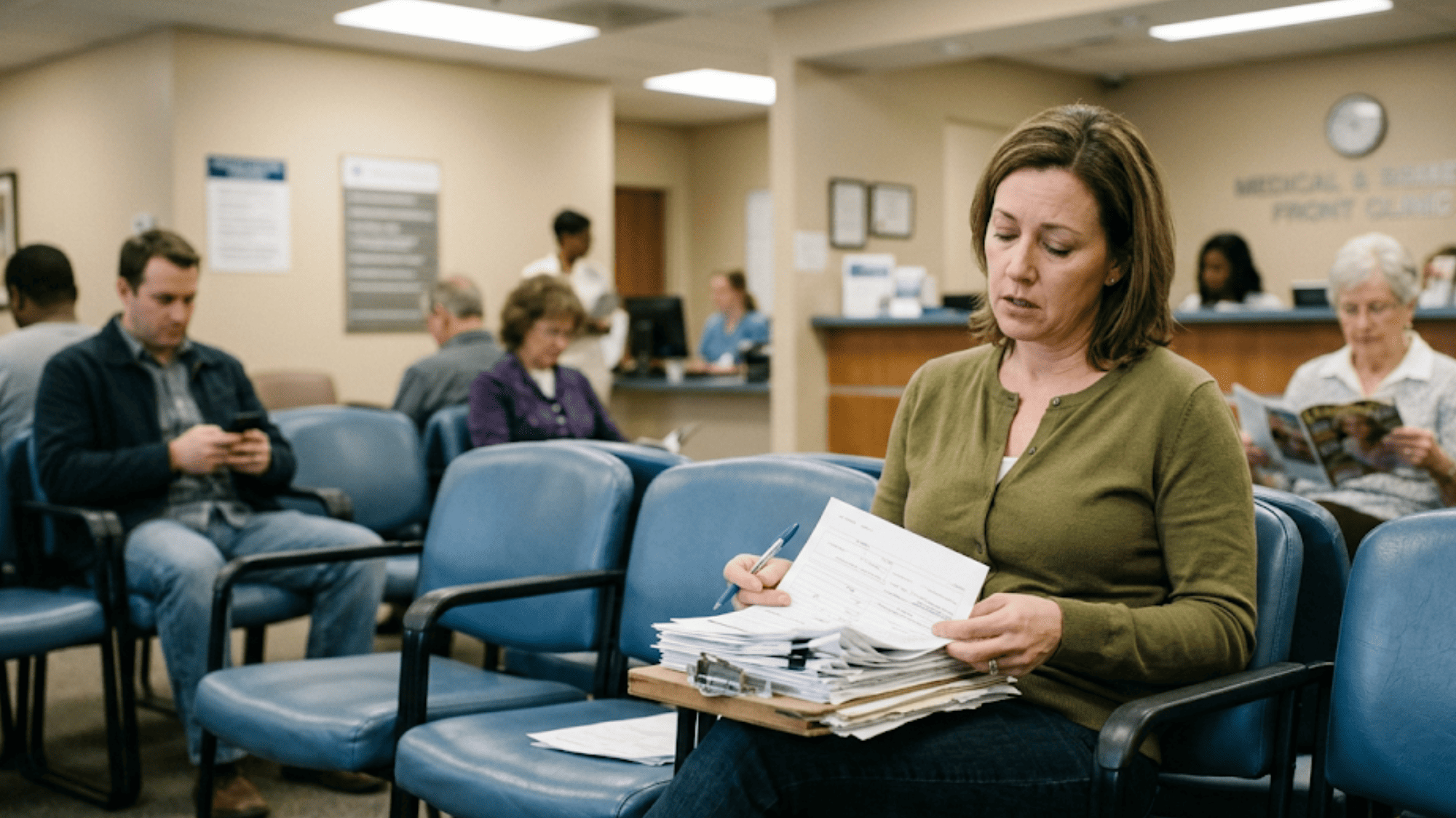Frustrated patient filling a paper clipboard intake stack in a waiting room