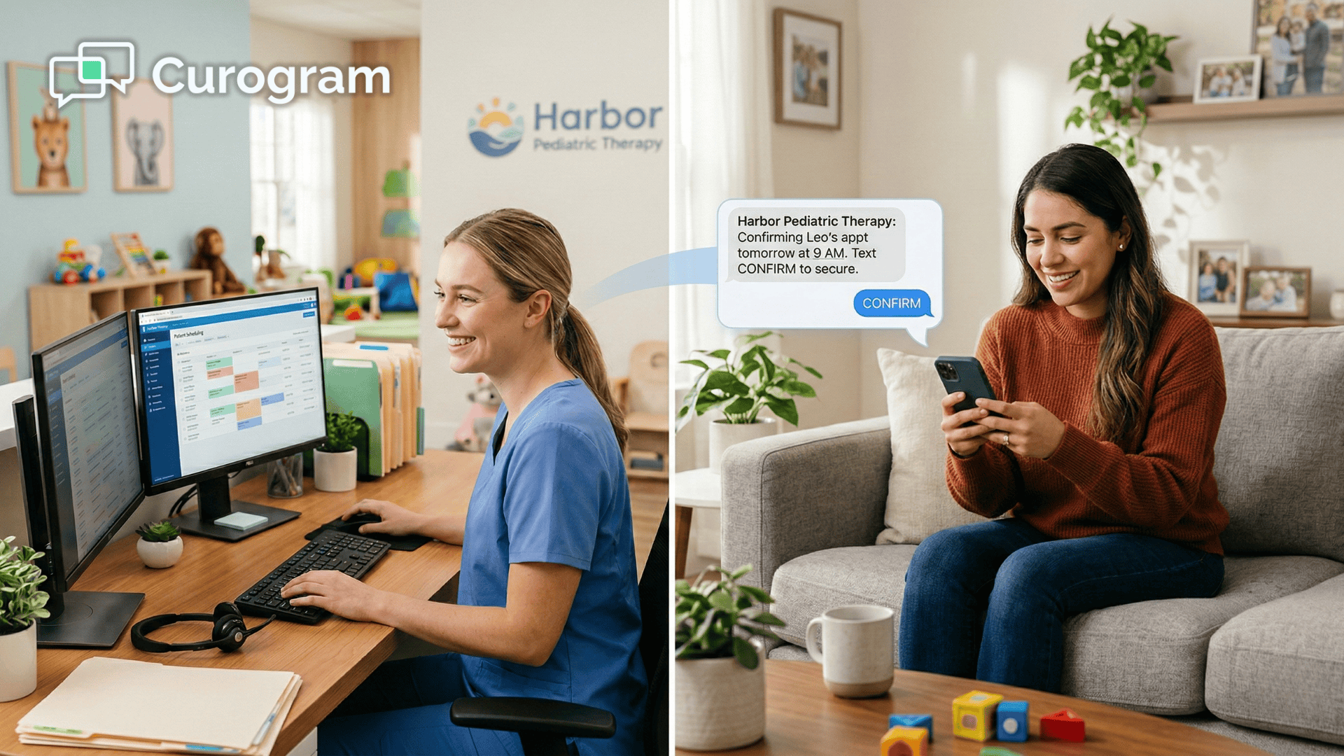 Clinic staff and parent connected through 2-way texting for pediatric appointment confirmation