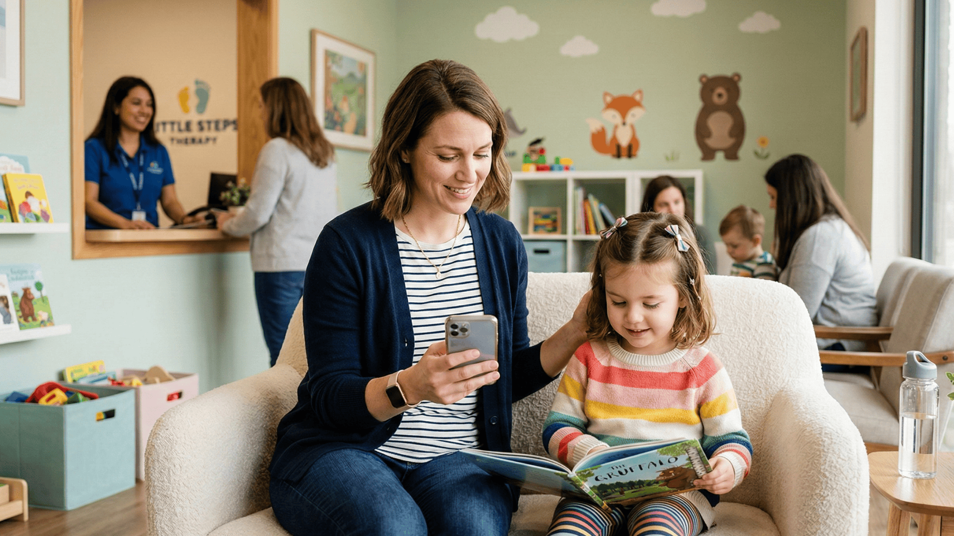 Mother completing mobile intake form via text in a pediatric therapy clinic waiting room