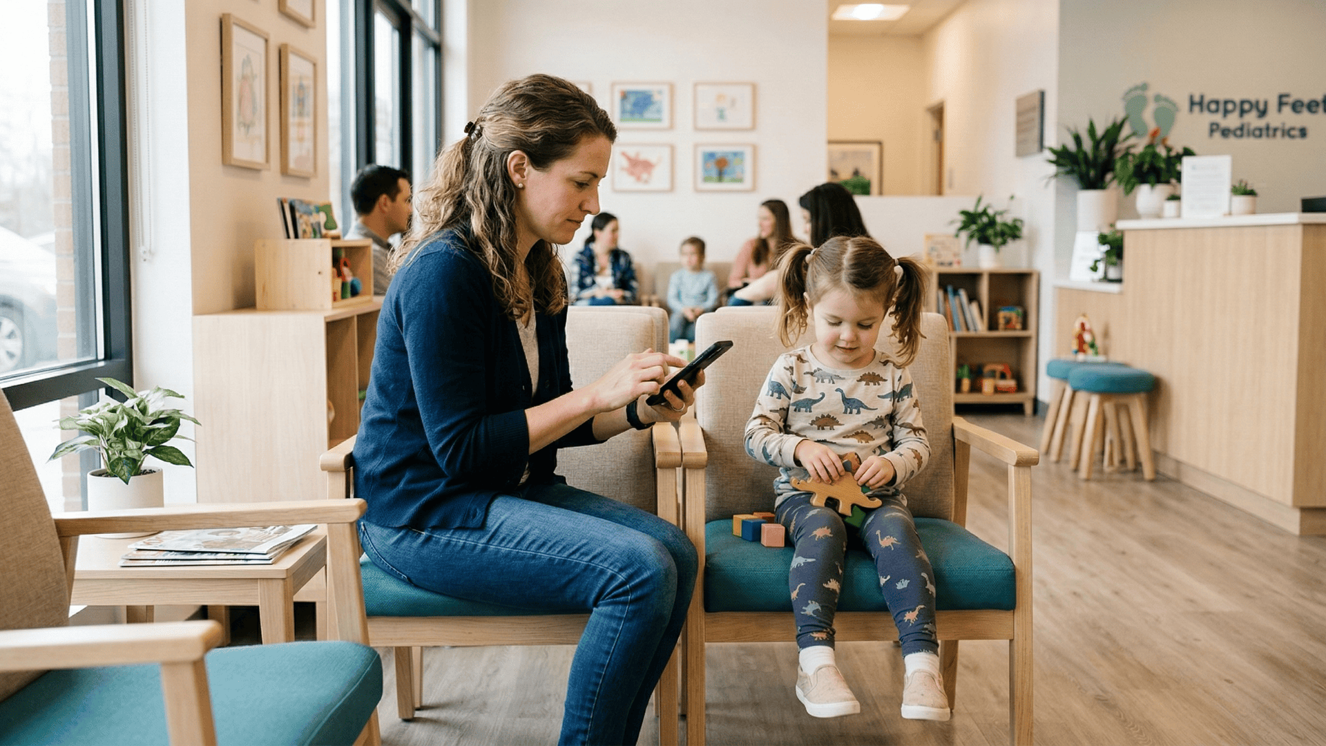 Mother completing pediatric therapy digital intake forms on phone before clinic appointment
