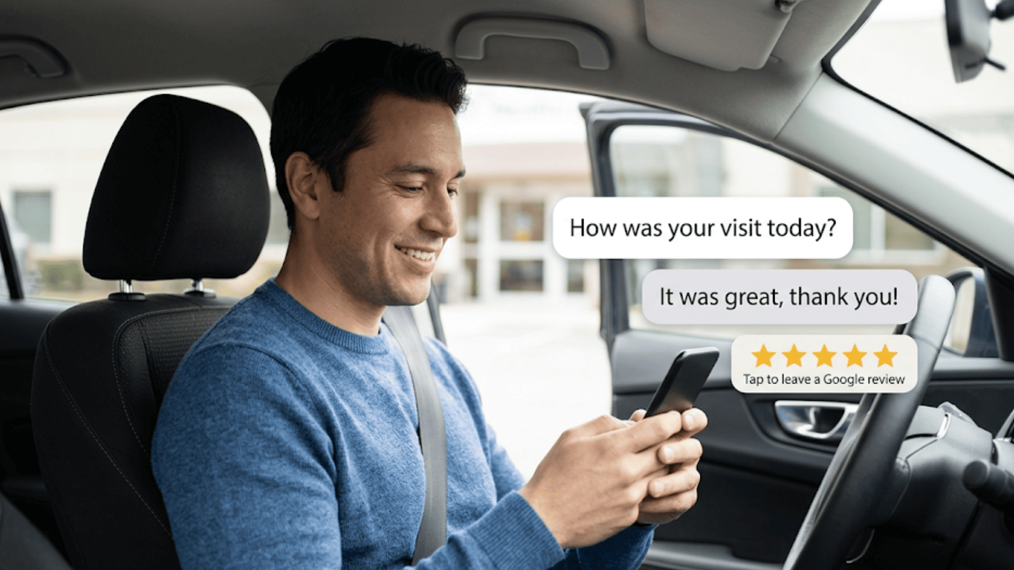 Patient sitting in car after a doctor visit receiving a text review request with floating message bubbles and a five-star rating prompt