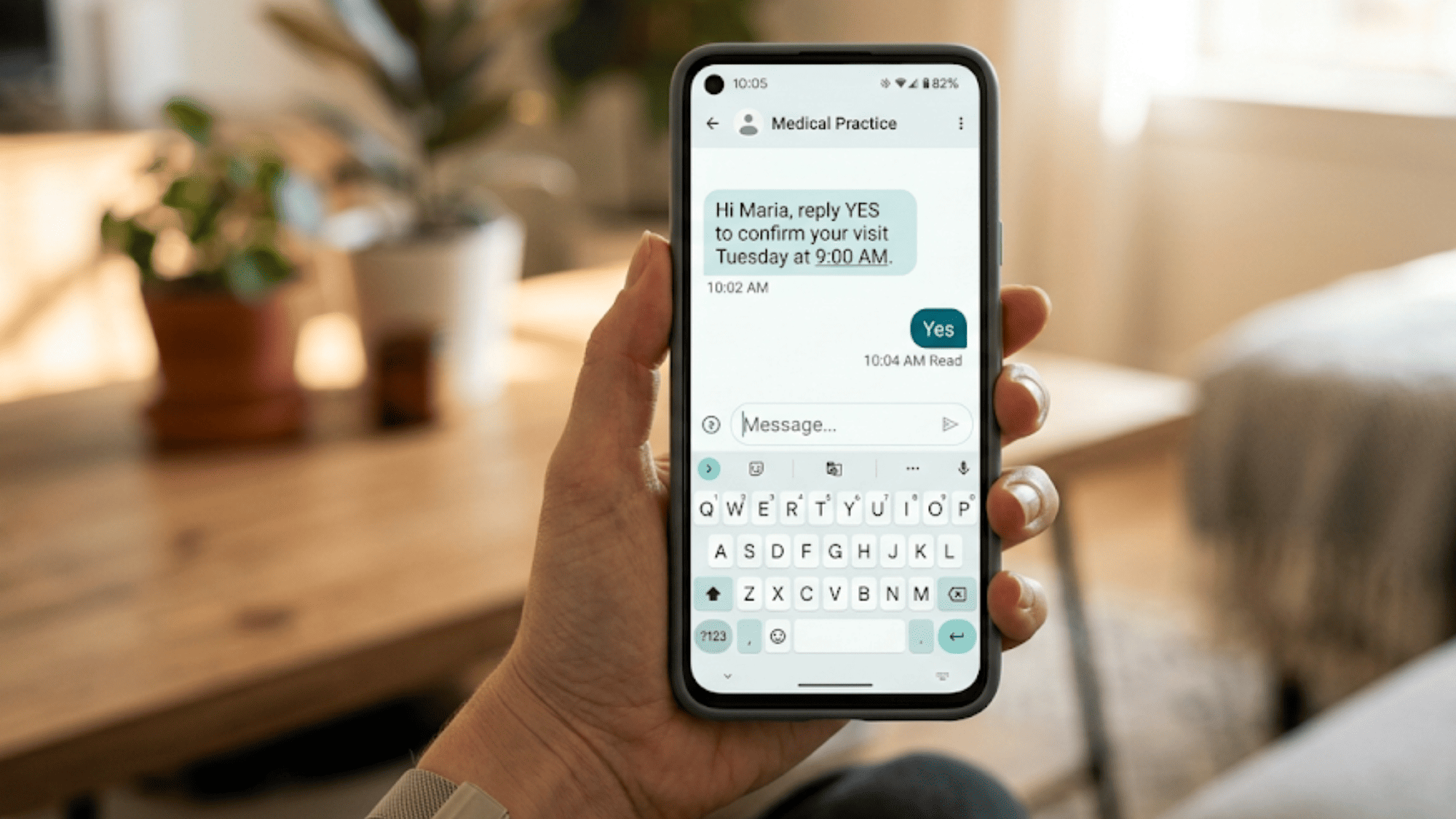 Patient confirming a Tuesday 9 AM visit by two-way text message instead of calling the front desk