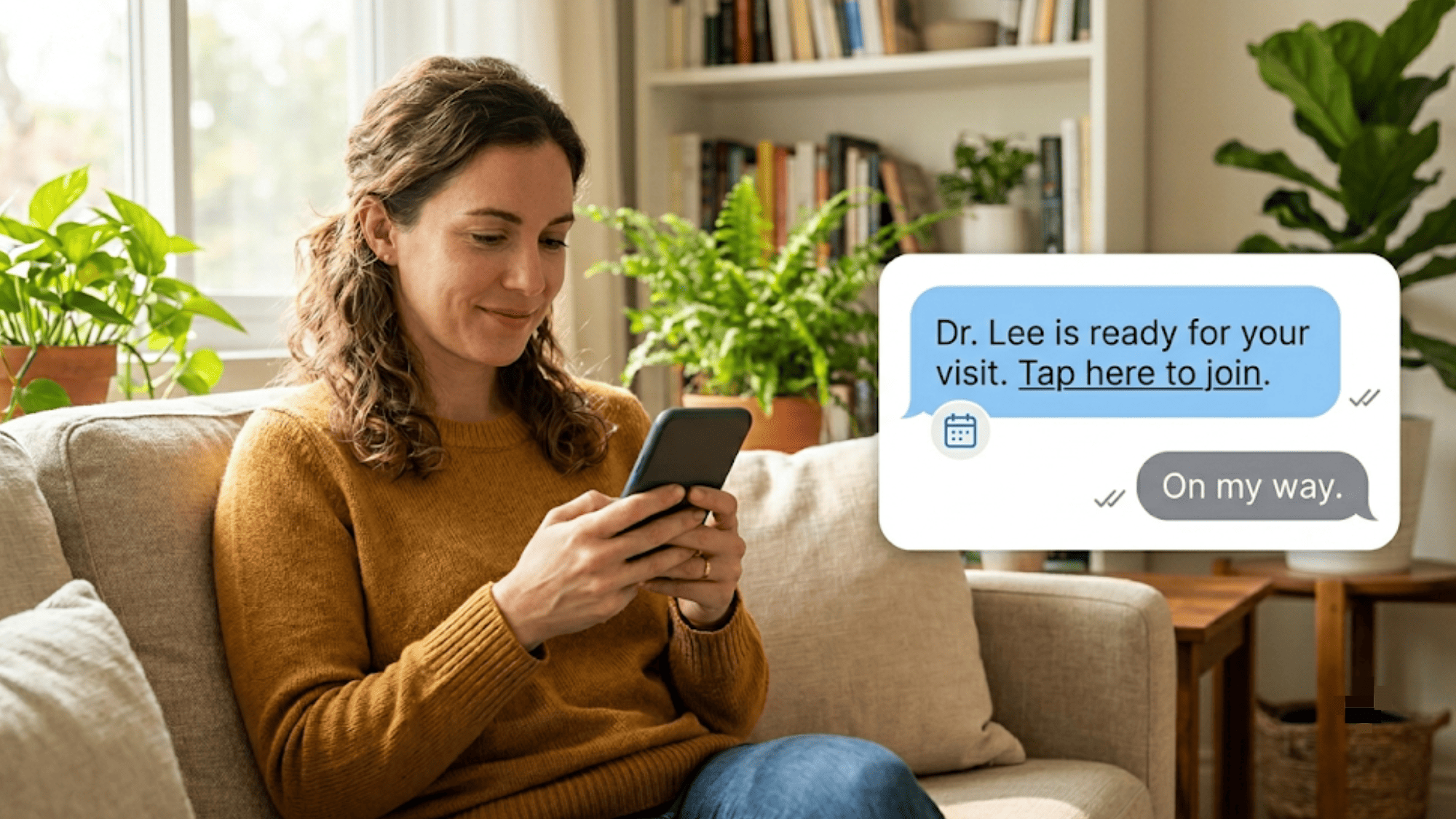 Patient tapping a text link to join a Lytec telehealth video visit from home