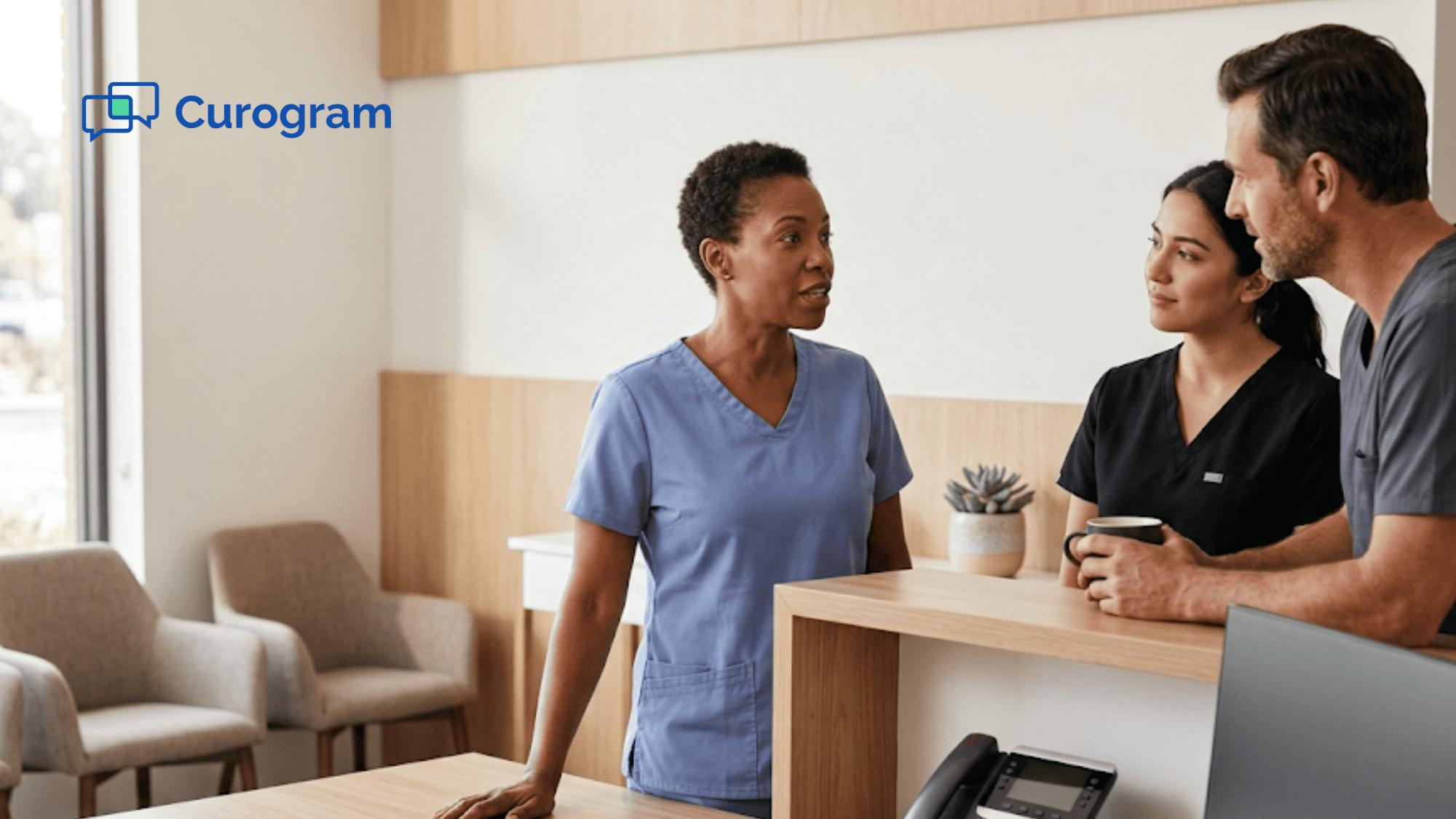 Clinic site manager leading a front desk team huddle beside an idle desk phone during a software rollout