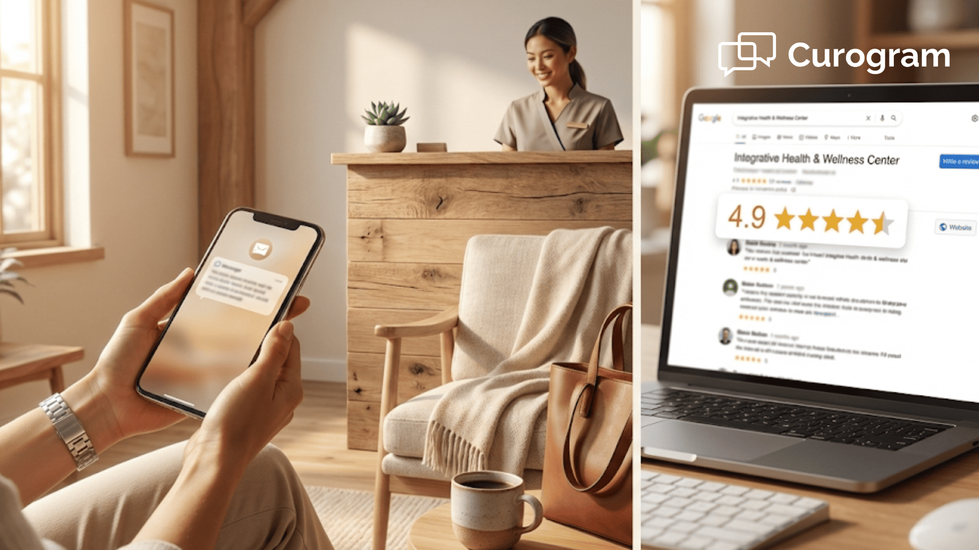 Hands holding phone with message notification at boutique functional medicine practice front desk