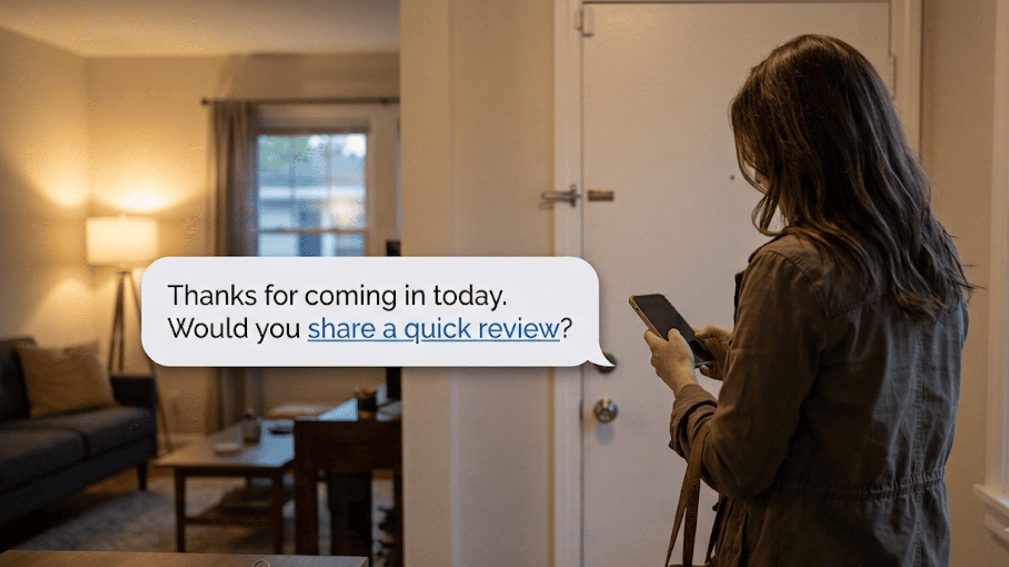 Woman reading a post-appointment review request message after arriving home from therapy