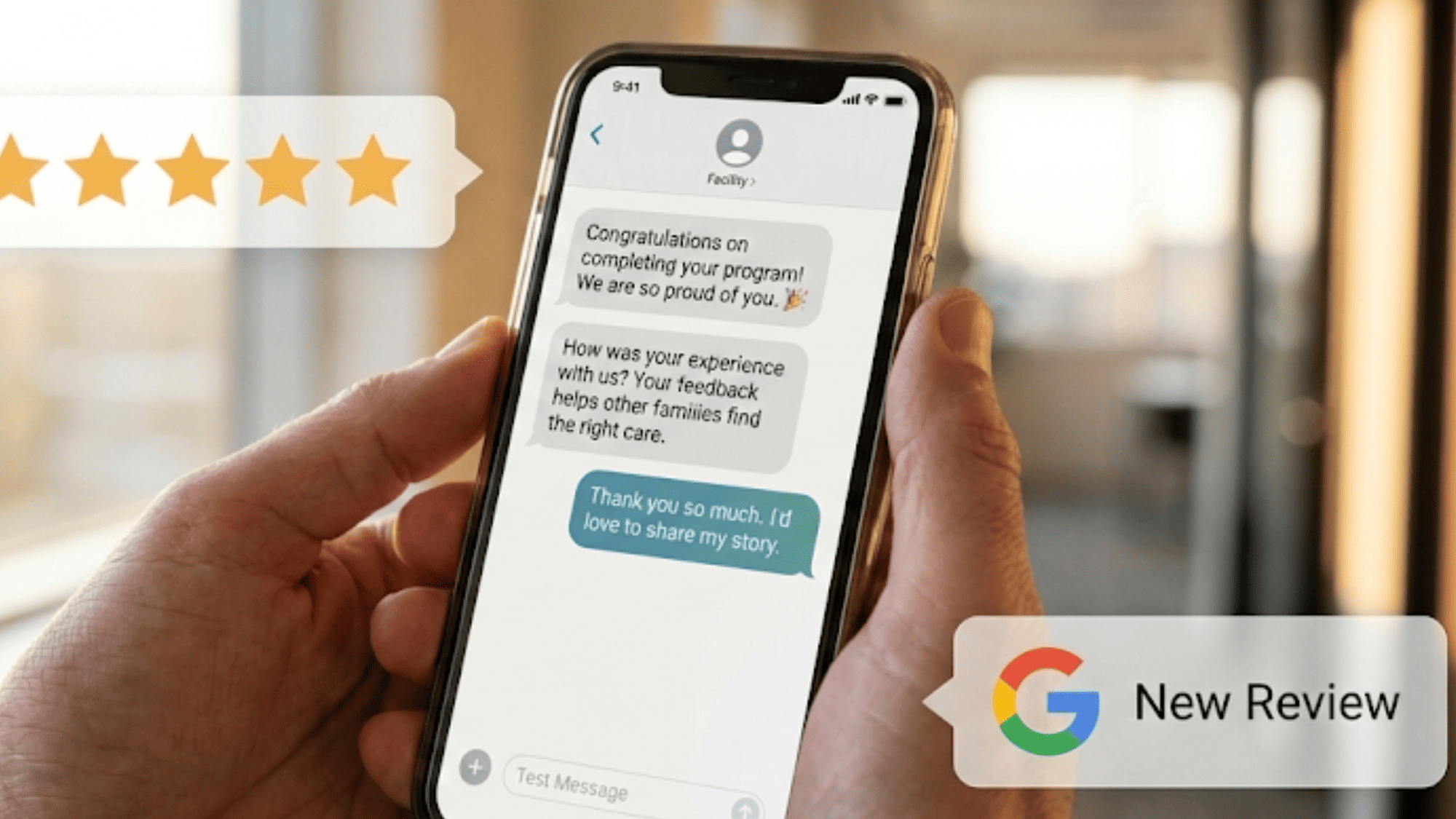 Smartphone showing an automated review request text message from a rehab facility