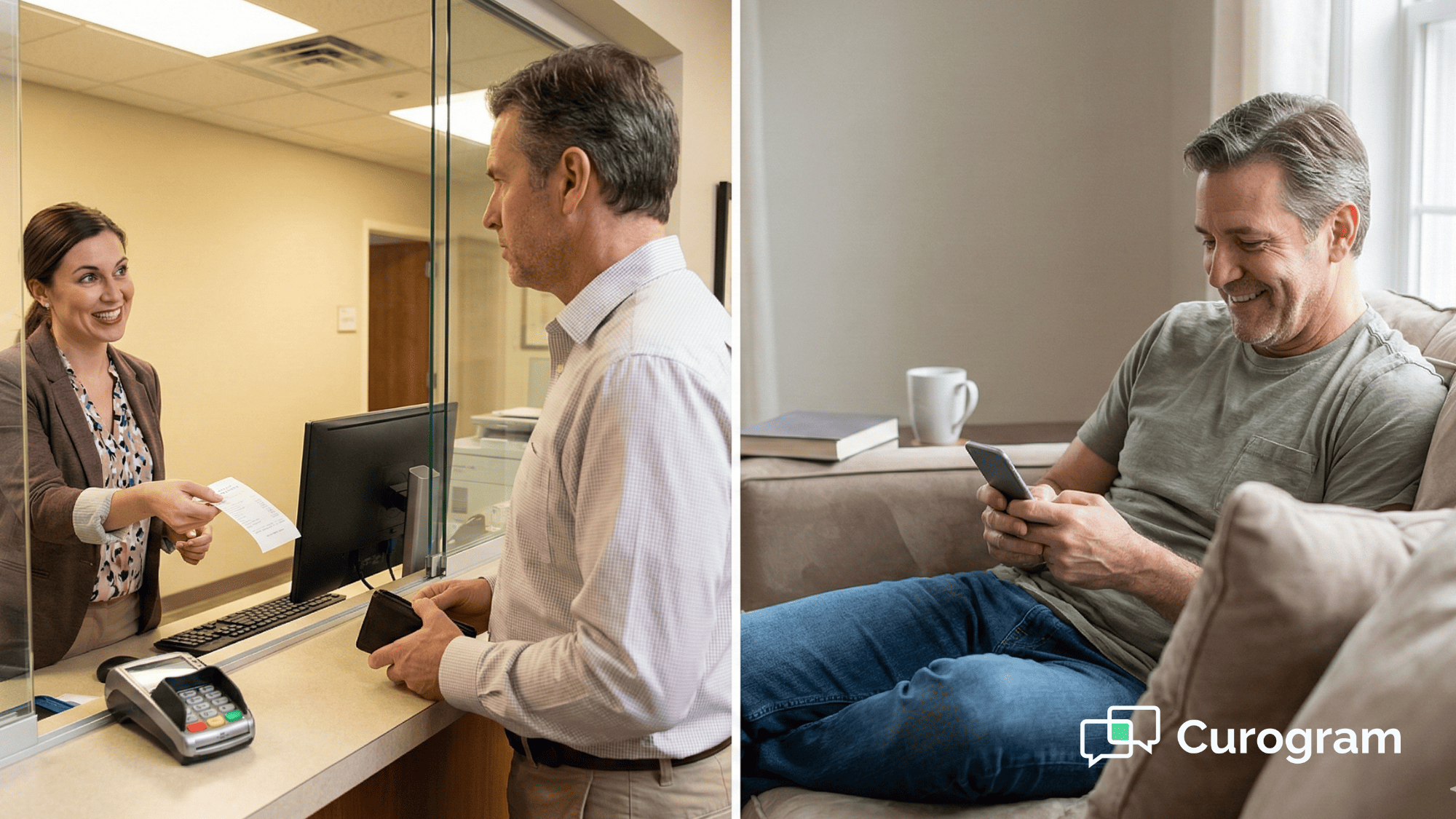 Awkward checkout moment at a medical office front desk compared to a patient calmly reading a text message on the couch
