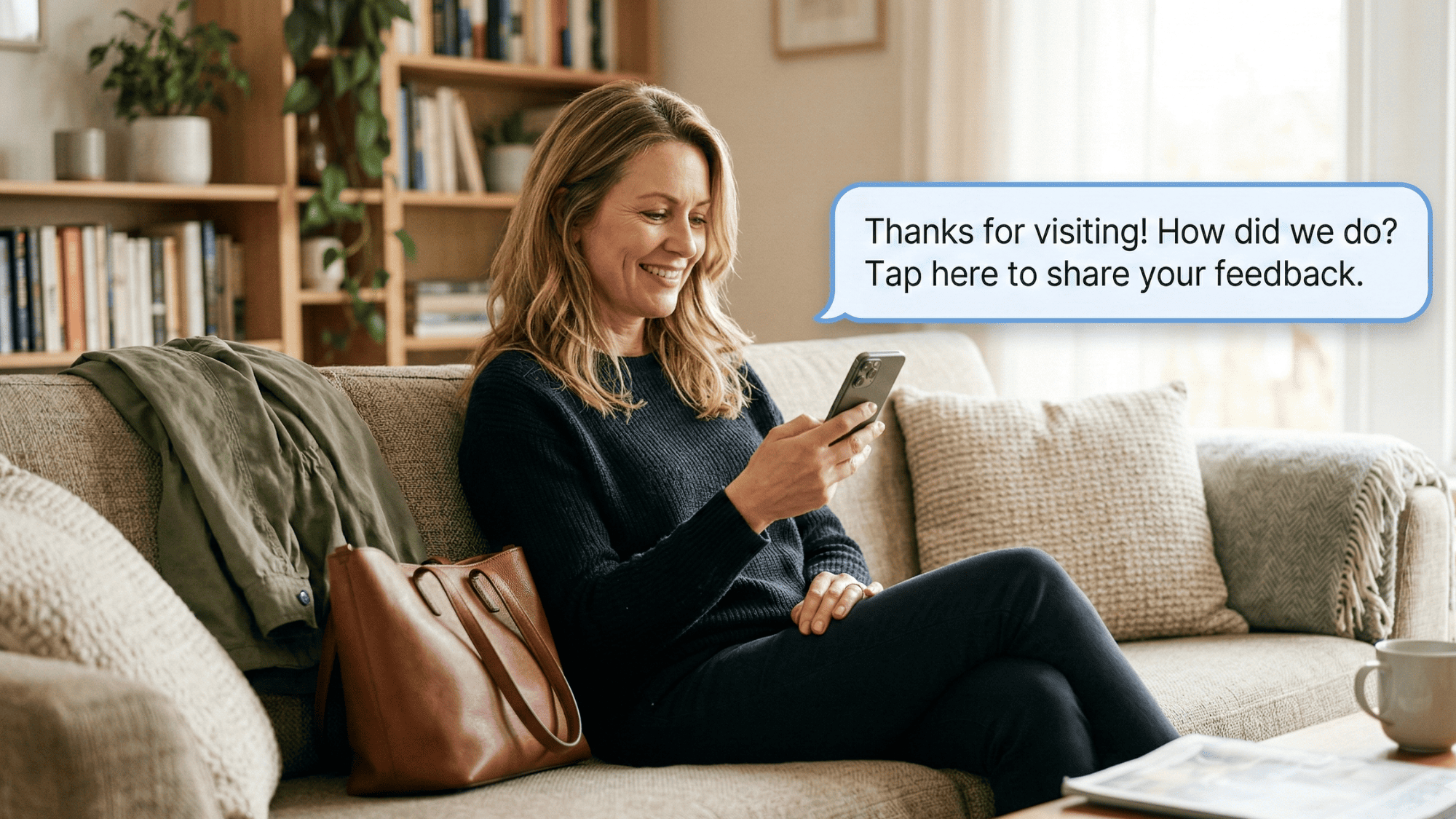 Relaxed woman checking her phone with a floating review request message after leaving a medical practice