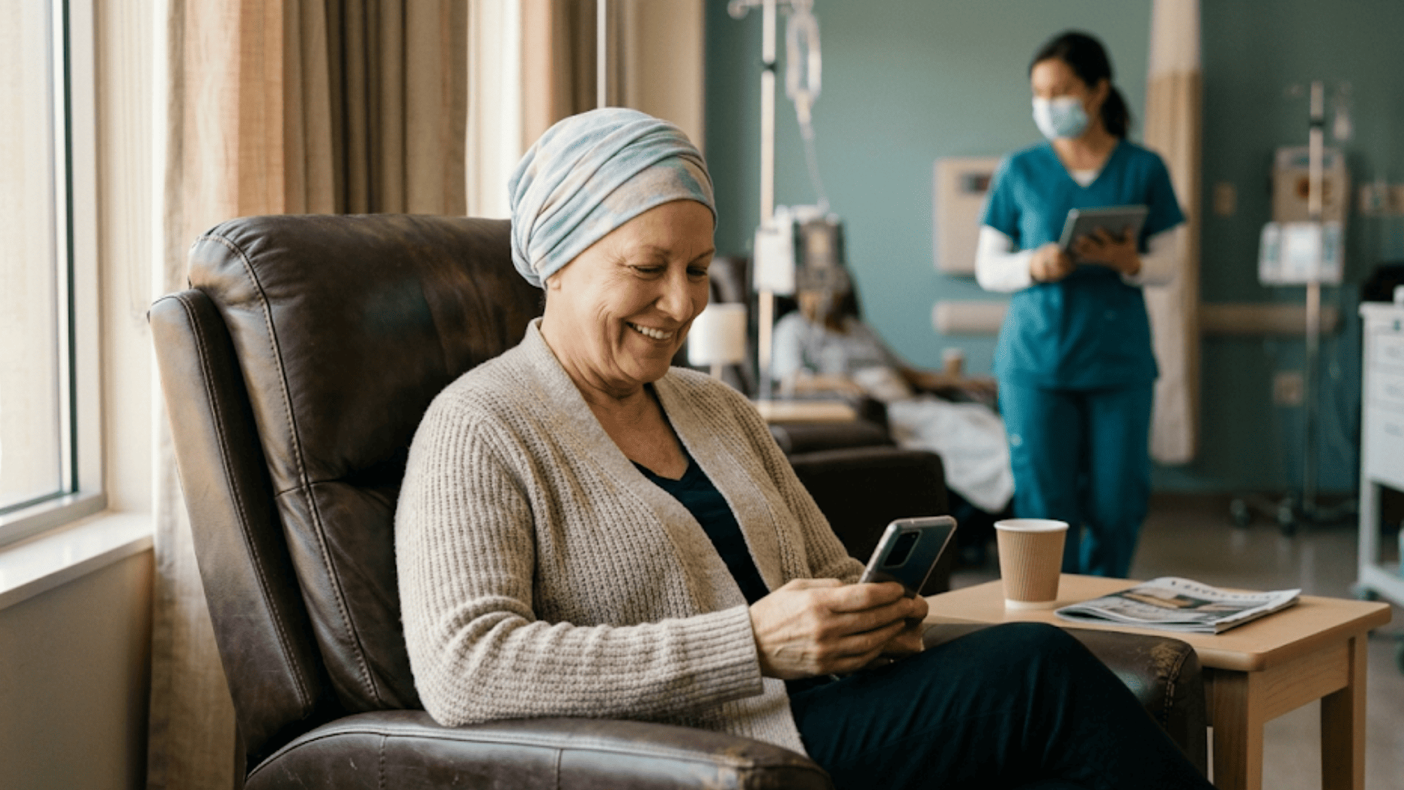 Community oncology patient reading a text message on her phone during a clinic visit
