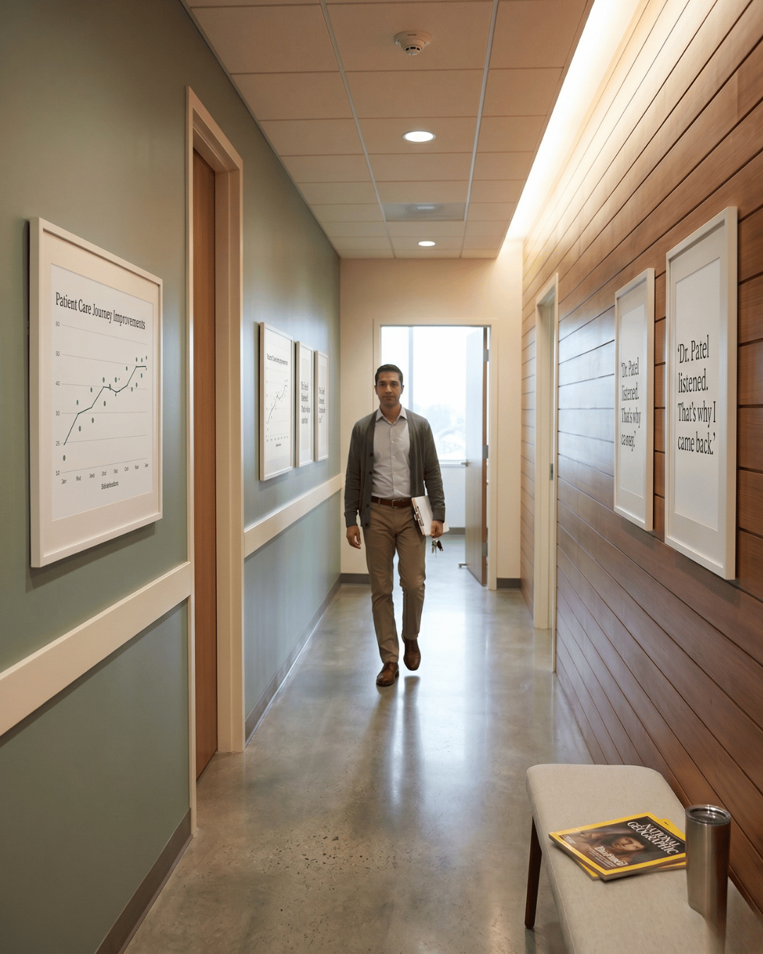 Modern medical practice corridor displaying patient feedback quotes and provider satisfaction insights.