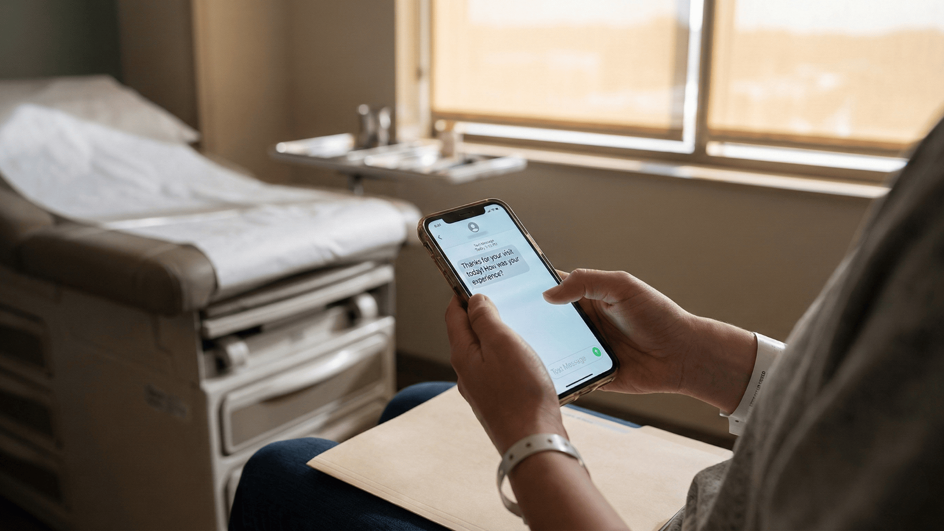 Patient receives automated Google review text message on phone after medical appointment