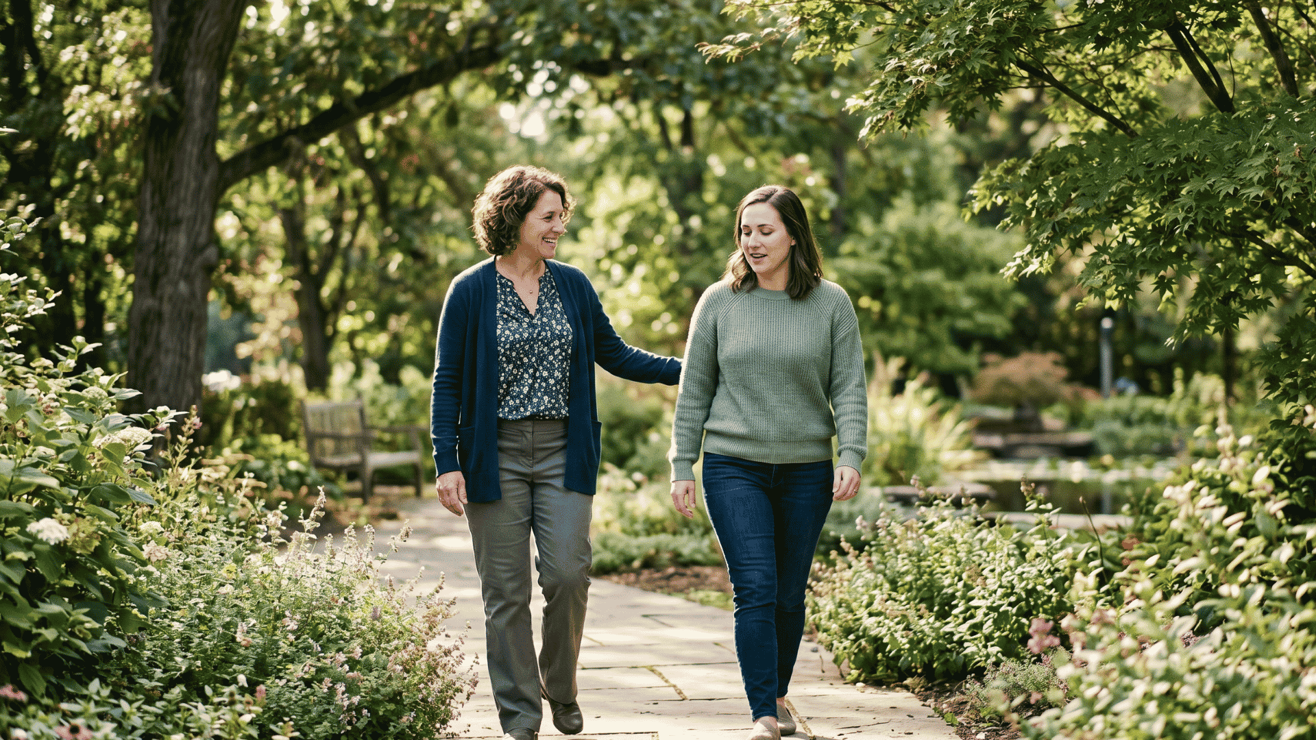 Counselor and client walking outdoors during supportive SUD treatment aftercare