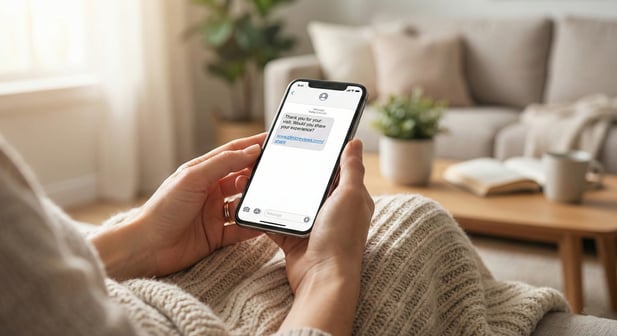 Patient at home receiving a healthcare review request text message on their smartphone