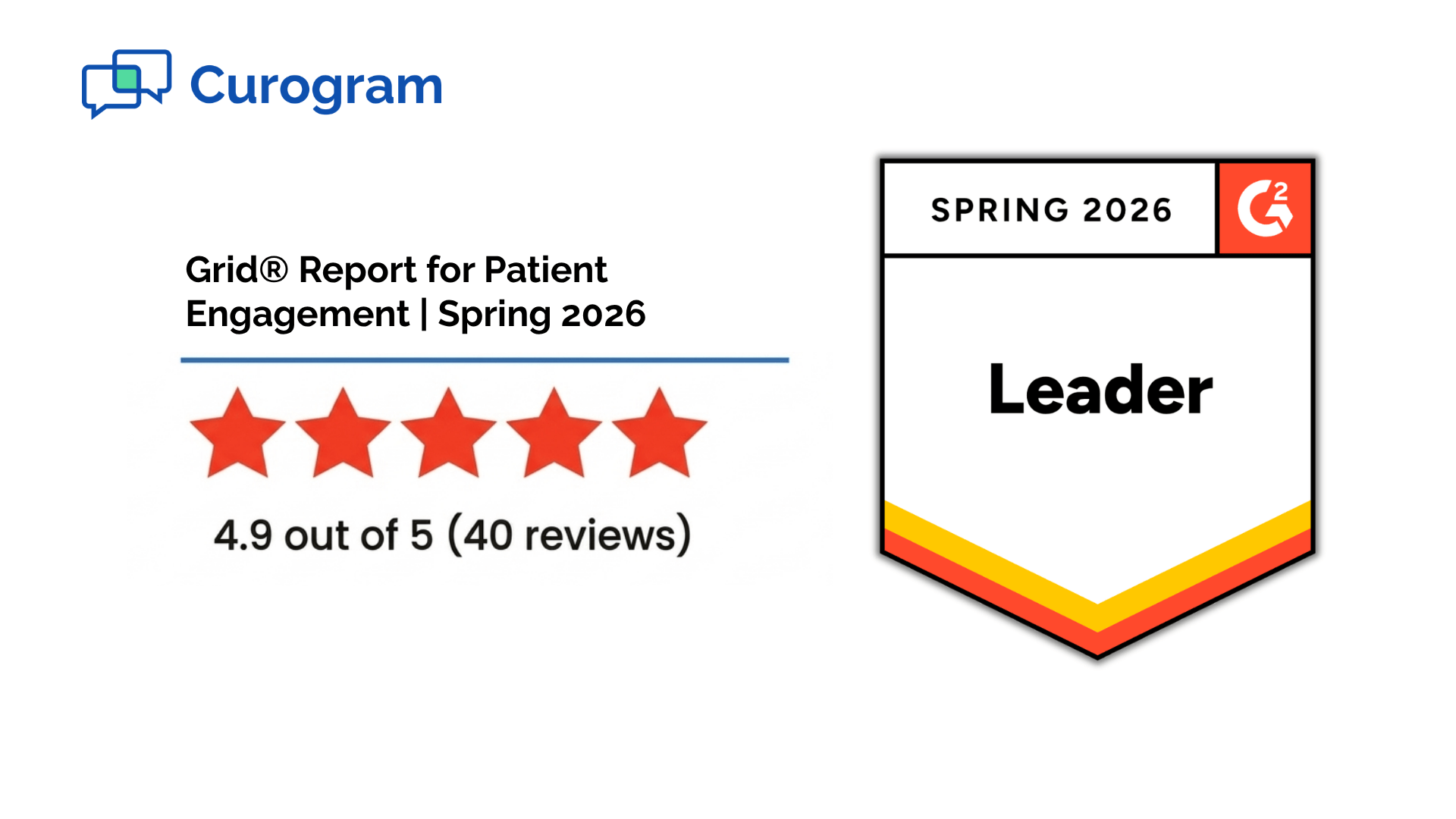 G2 Spring 2026 Leader badge awarded to Curogram for patient engagement and HIPAA compliant messaging