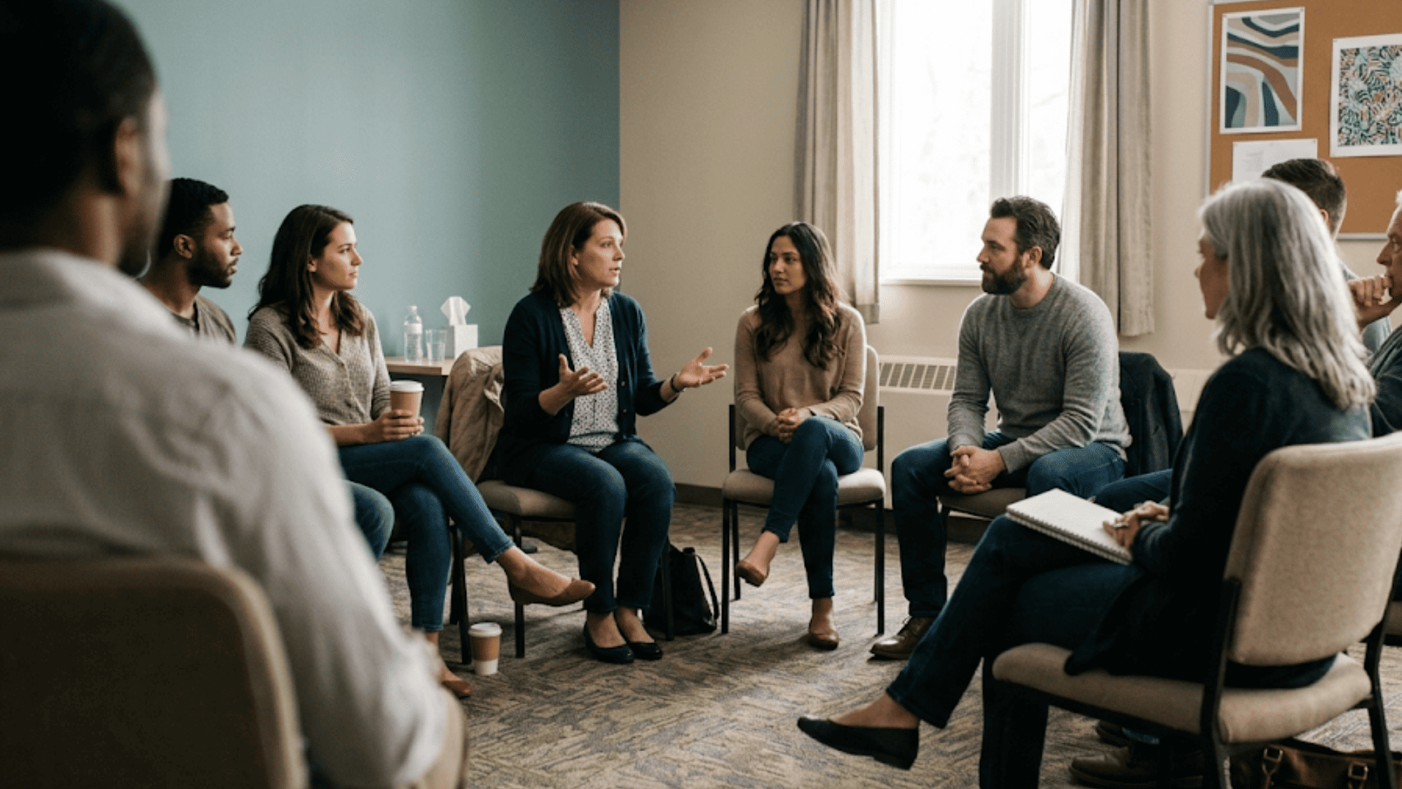 Nine adults seated in a circle during an ongoing behavioral health group therapy session with a facilitator