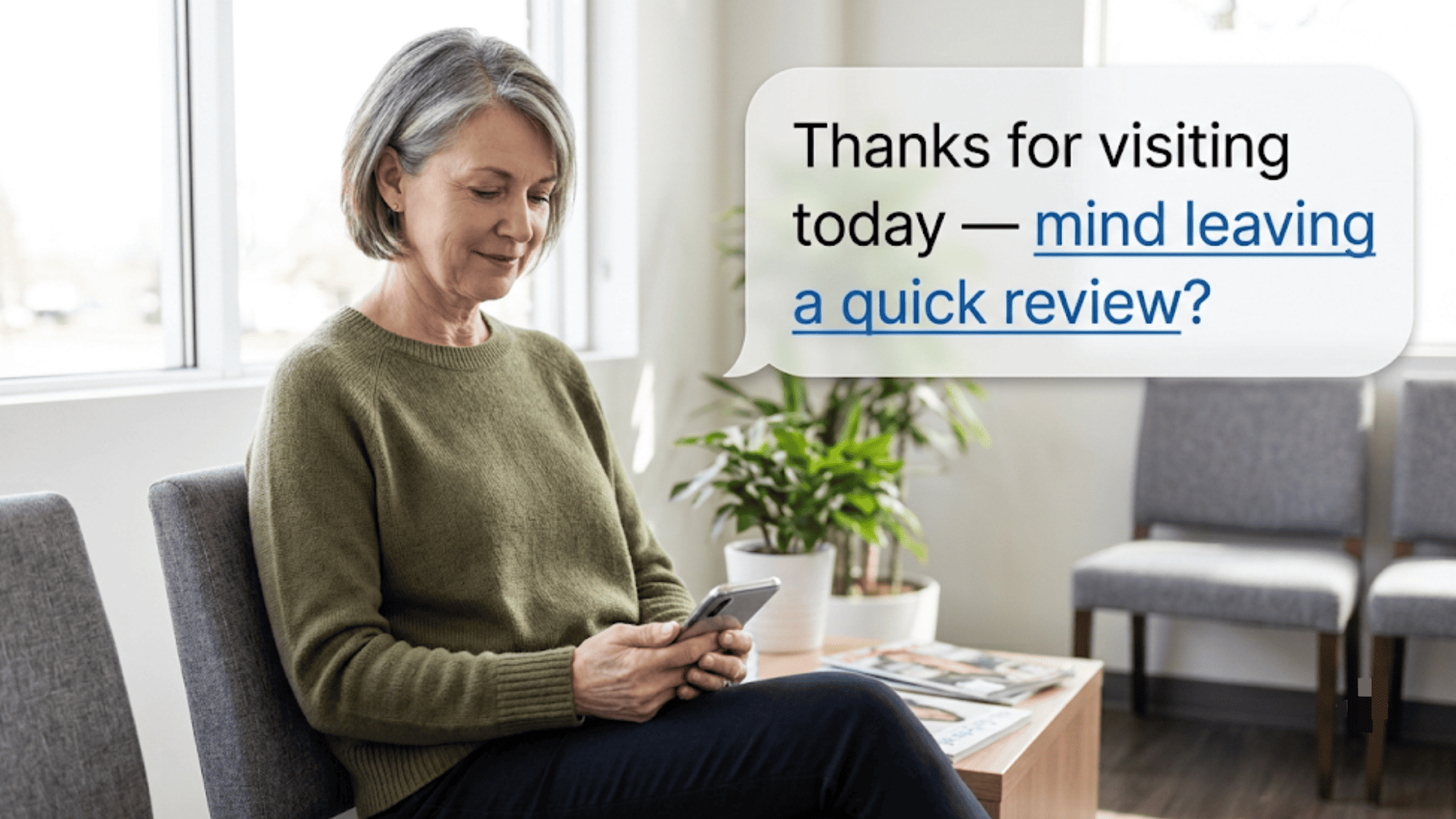 Floating message inviting a patient to leave a Google review after their visit