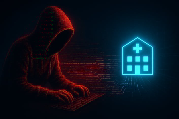 An abstract image of a hacker targeting a hospital, visualizing the major cyber threats detailed in our guide on cybersecurity in healthcare.