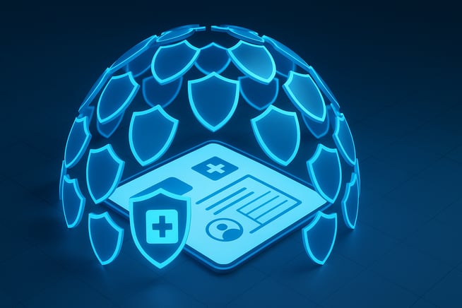 A protective dome of digital shields guarding patient records, symbolizing a robust and layered healthcare cybersecurity strategy.