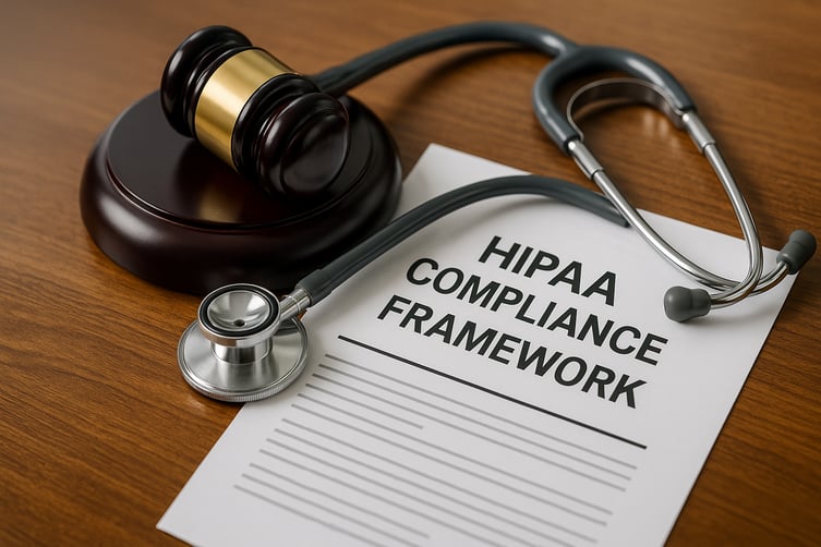 A gavel and stethoscope on a HIPAA document, representing the legal and ethical requirements of cybersecurity healthcare compliance.