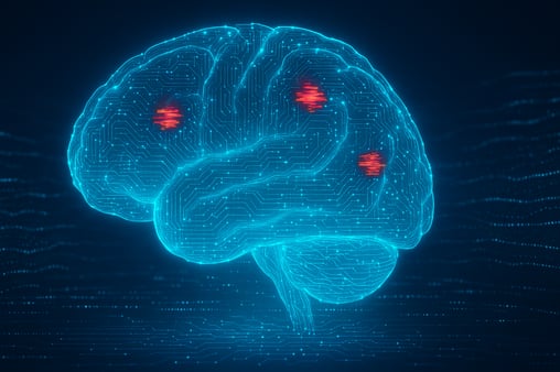 An artificial intelligence brain analyzing data streams, illustrating the future of predictive analytics in healthcare cybersecurity.