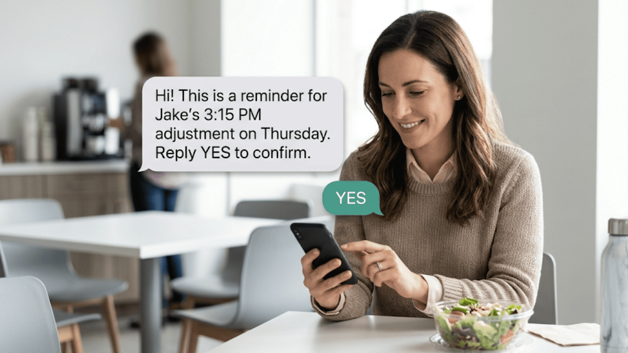 Photo of a busy parent confirming an orthodontic adjustment appointment with a quick two-way SMS reply