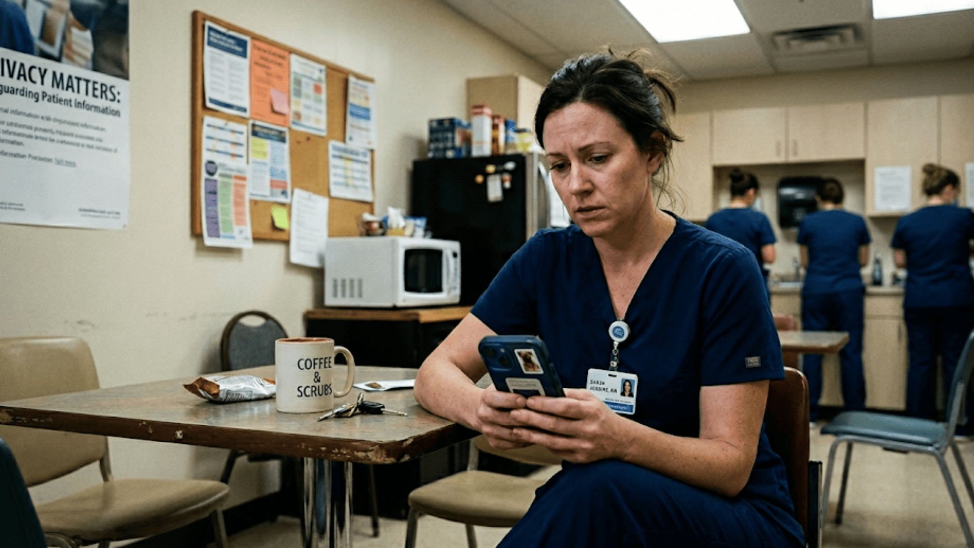 Healthcare worker reading patient health information on personal phone in medical office break room