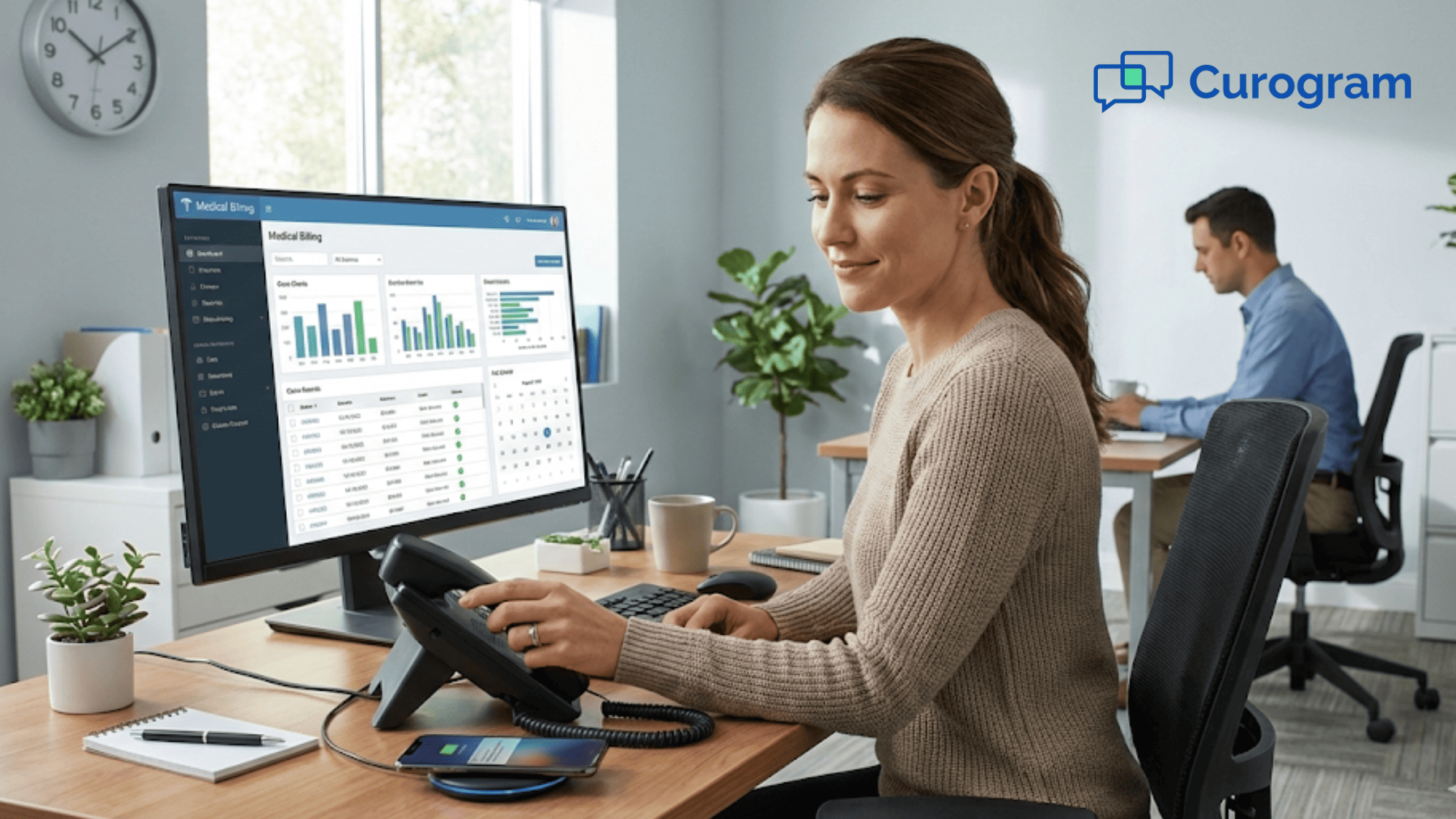 Relaxed front desk worker in a medical office using secure texting instead of phone calls