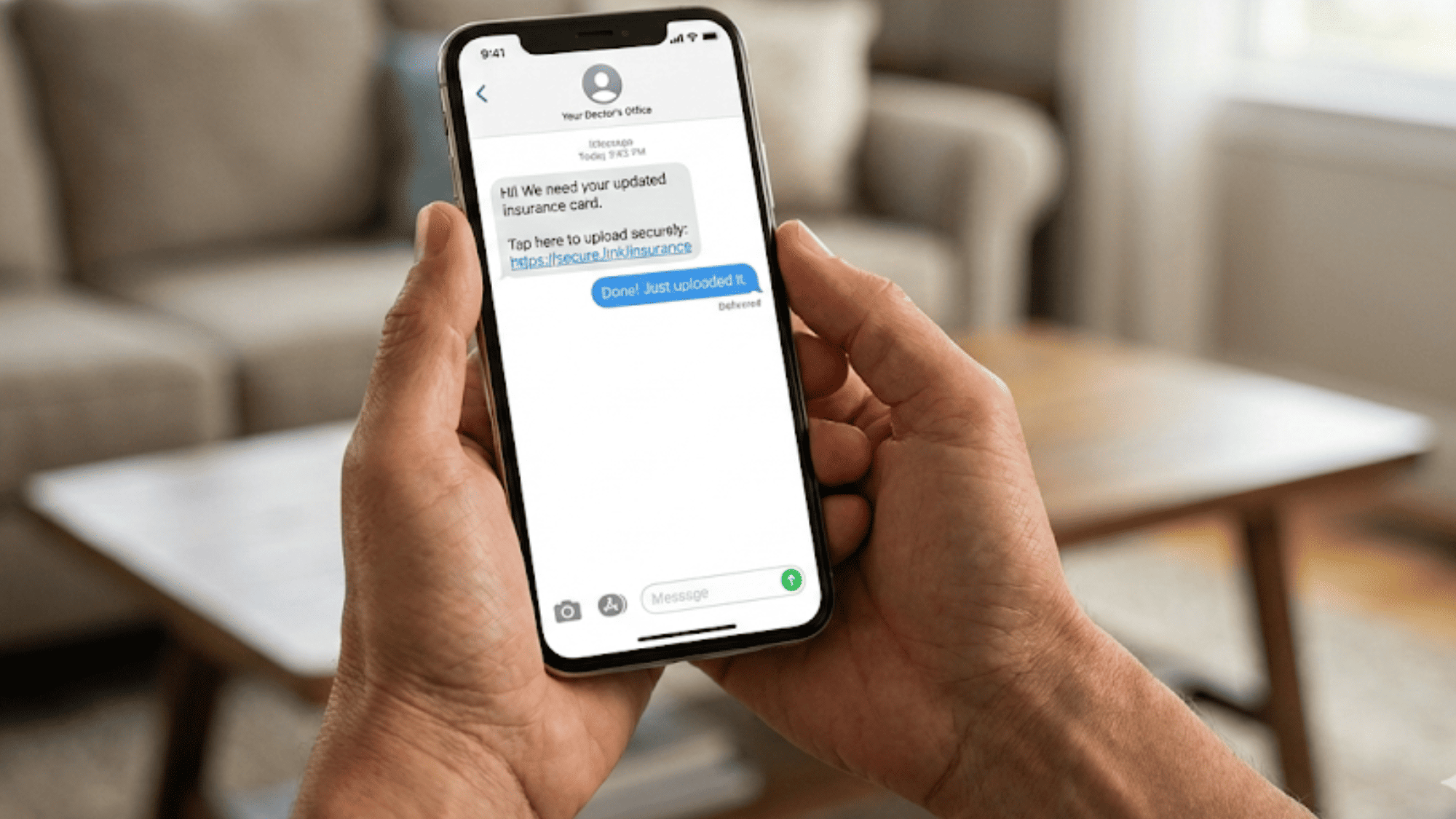 Smartphone screen showing a quick secure SMS reply to a medical billing office