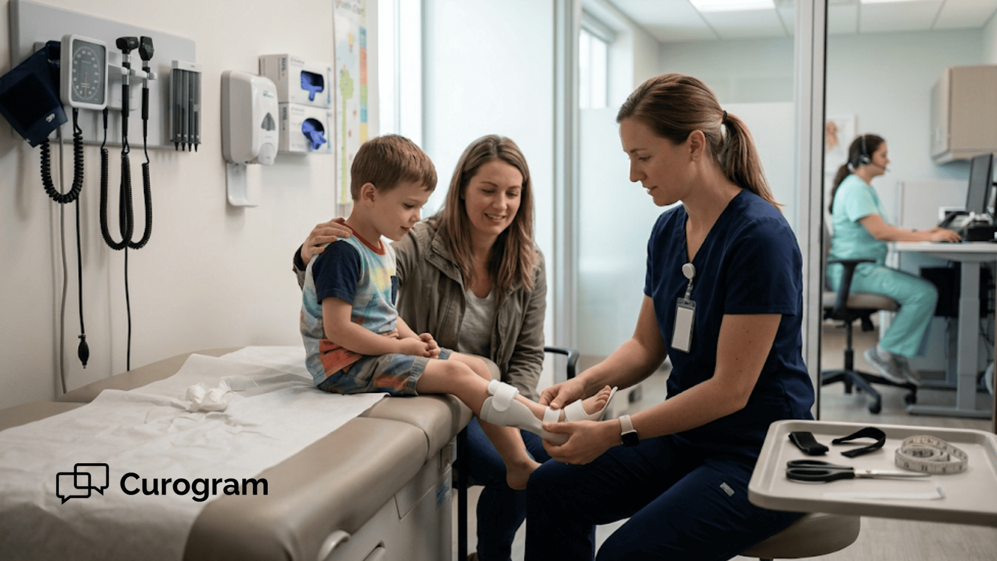 Pediatric physical therapist fits an ankle brace on a young boy as his mother watches in a clinic exam room