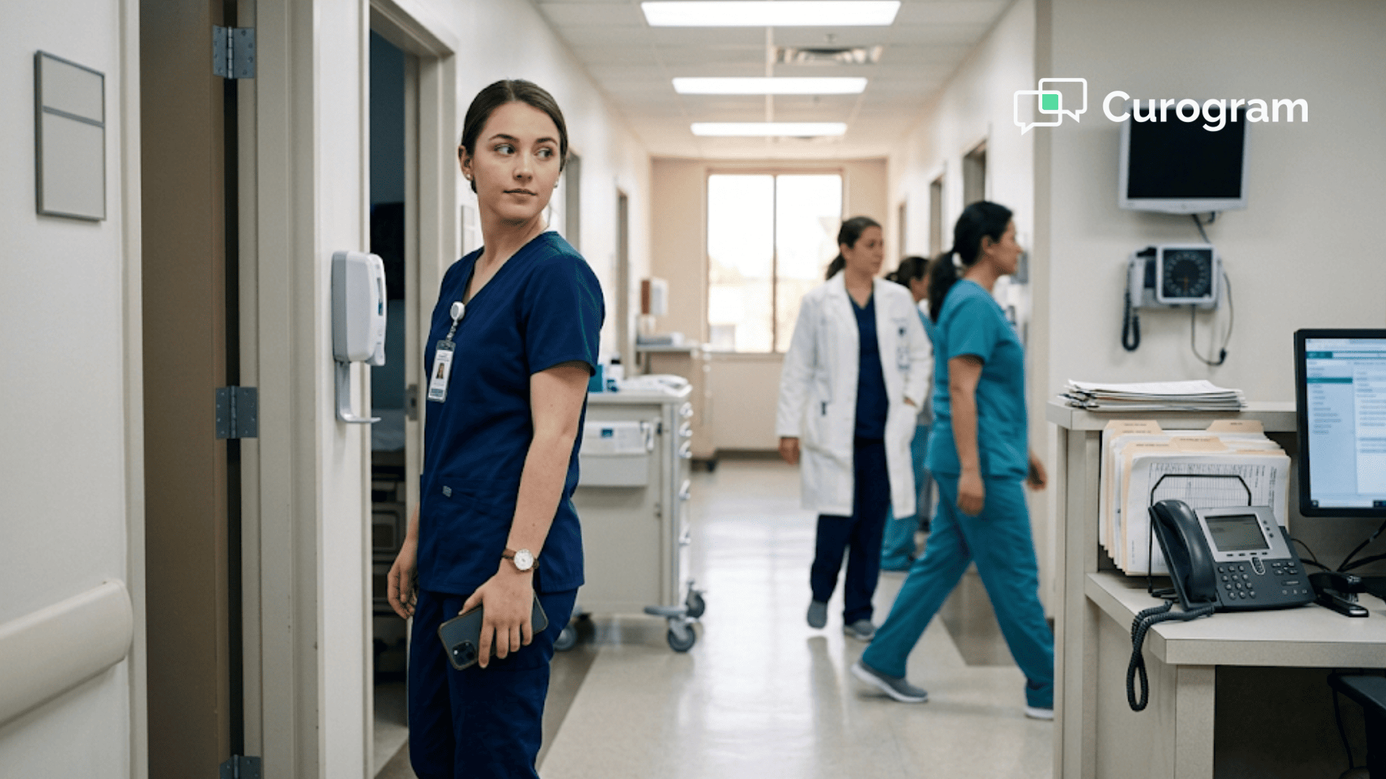 Clinic staff member steping away from the nurses' station