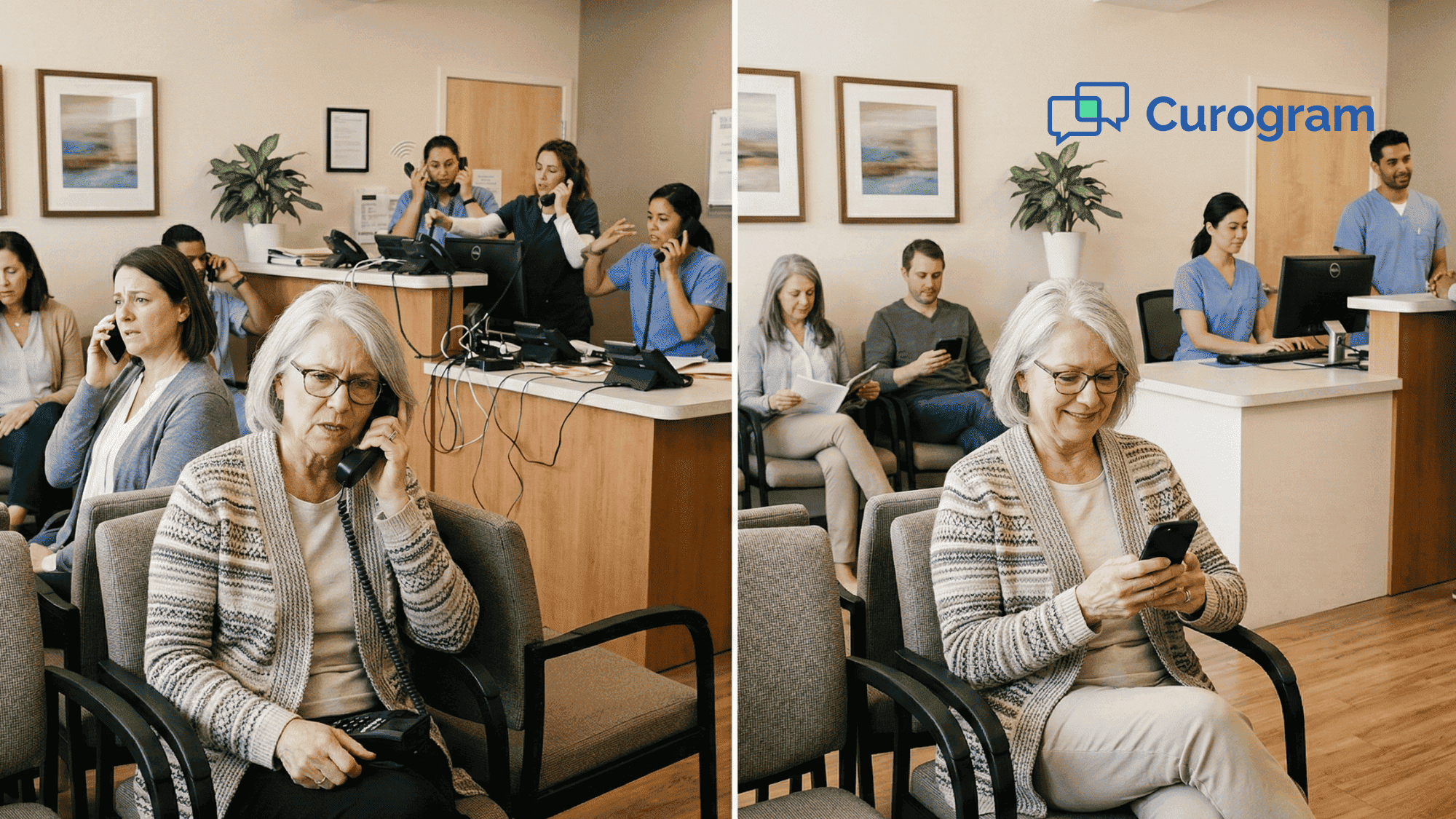 Side-by-side comparison of a busy medical office with patients on hold versus a calm office using patient texting
