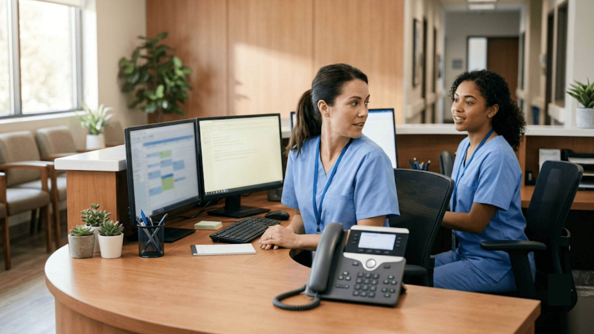 Radiology front-desk staff working calmly with an idle phone as texting handles patient confirmations