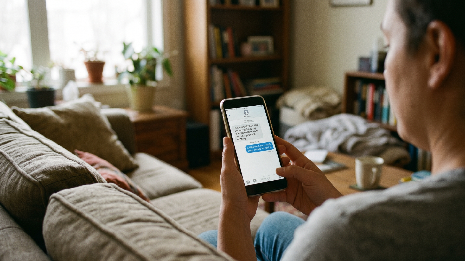 Patient at home reading a behavioral health text reminder on a basic phone