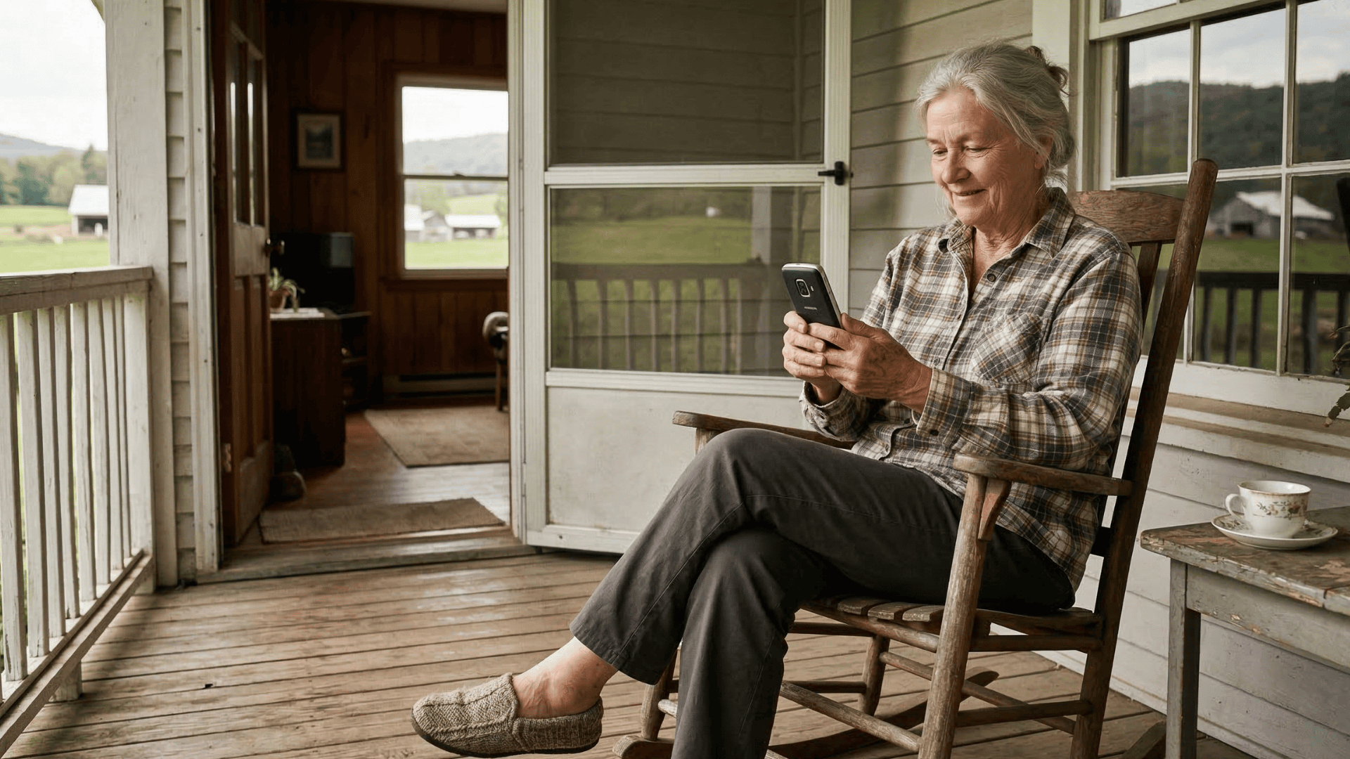Elderly rural patient reading HIPAA-compliant appointment reminder text on a basic cell phone