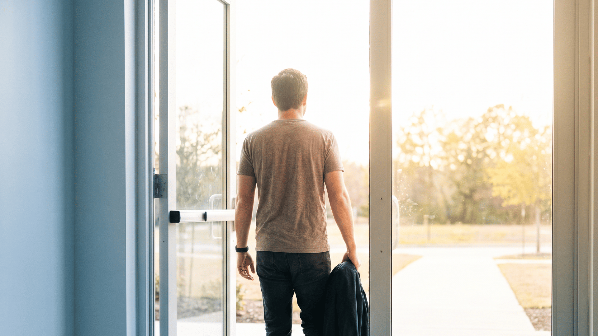 Person walking out of a bright clinic doorway into daylight after a visit