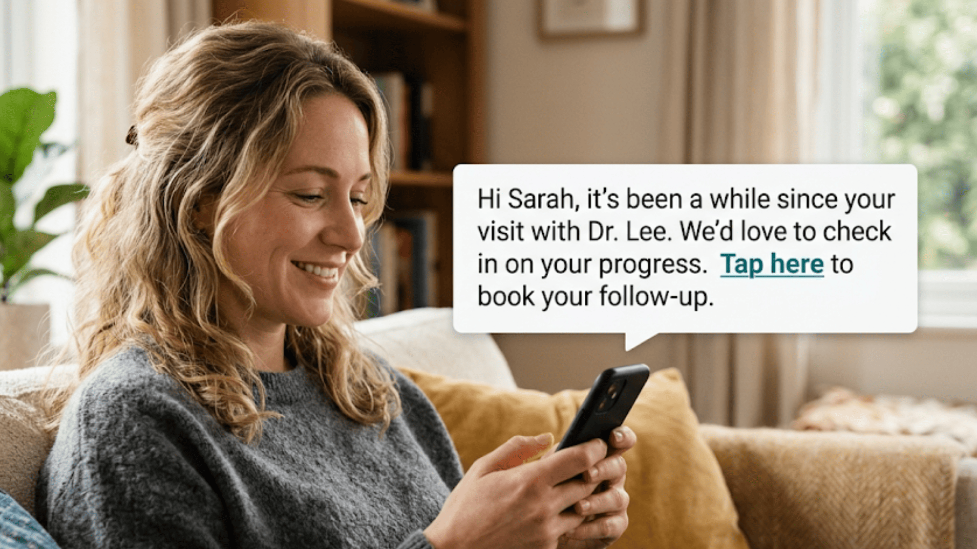 Patient at home reading a HIPAA-compliant recall text from her provider with a tap-to-book link
