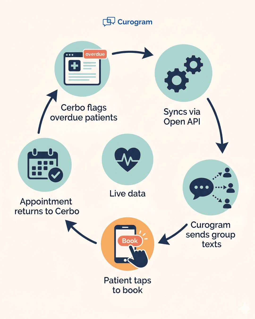 Circular diagram showing HIPAA-compliant patient recall workflow between Cerbo EHR and Curogram