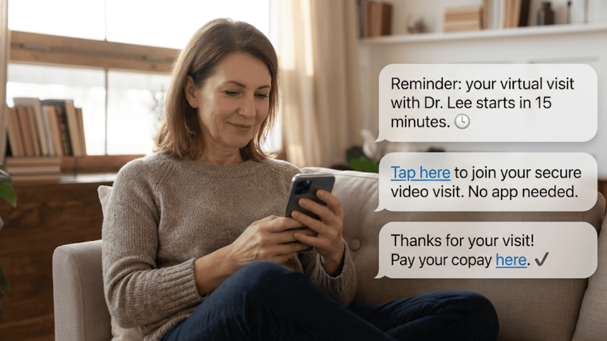 Patient receiving SMS reminders and video visit link for no-app telemedicine appointment