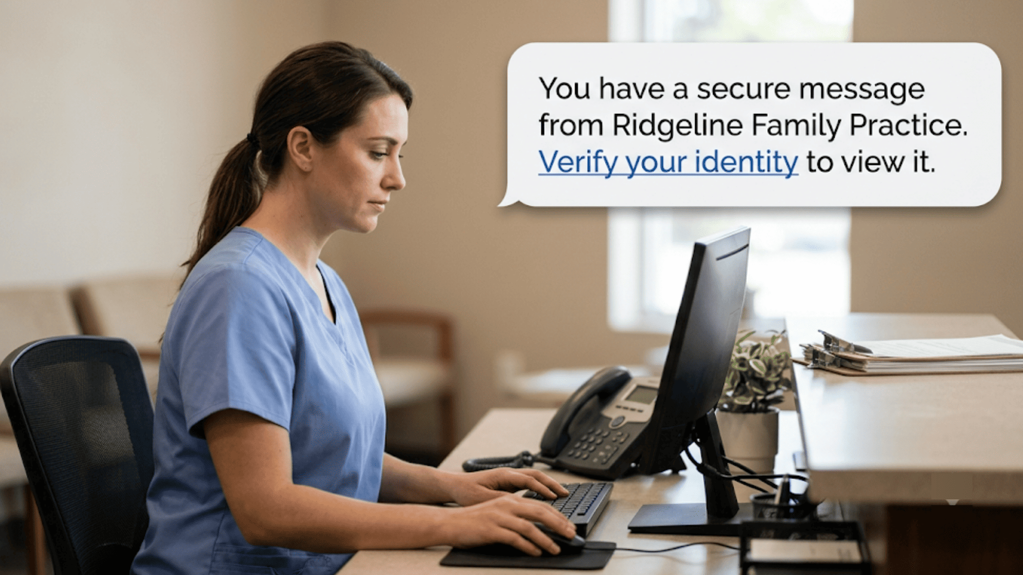 Clinic staff member at reception with a HIPAA compliant secure link text message