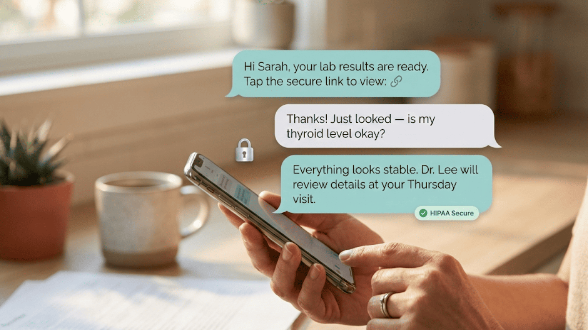 HIPAA-compliant text message exchange between patient and healthcare provider on phone