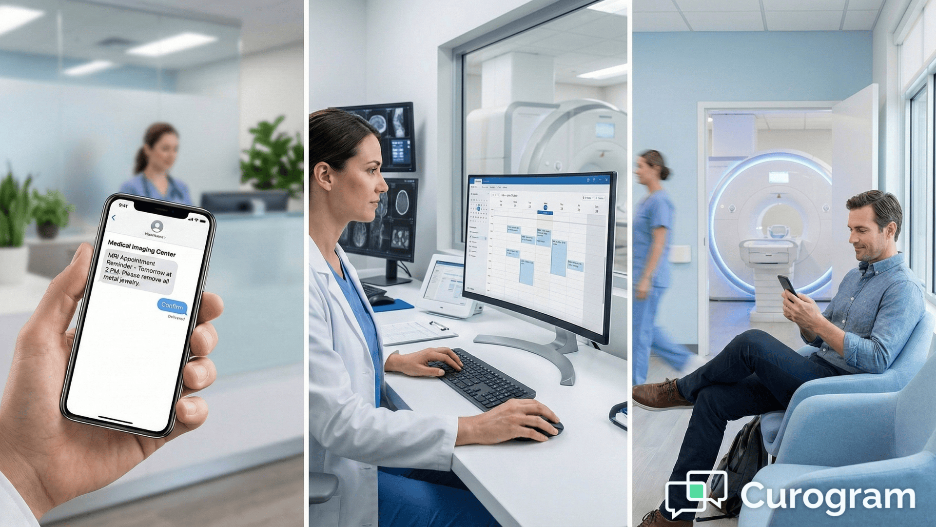 Patient receiving MRI appointment reminder on smartphone in modern radiology center waiting area