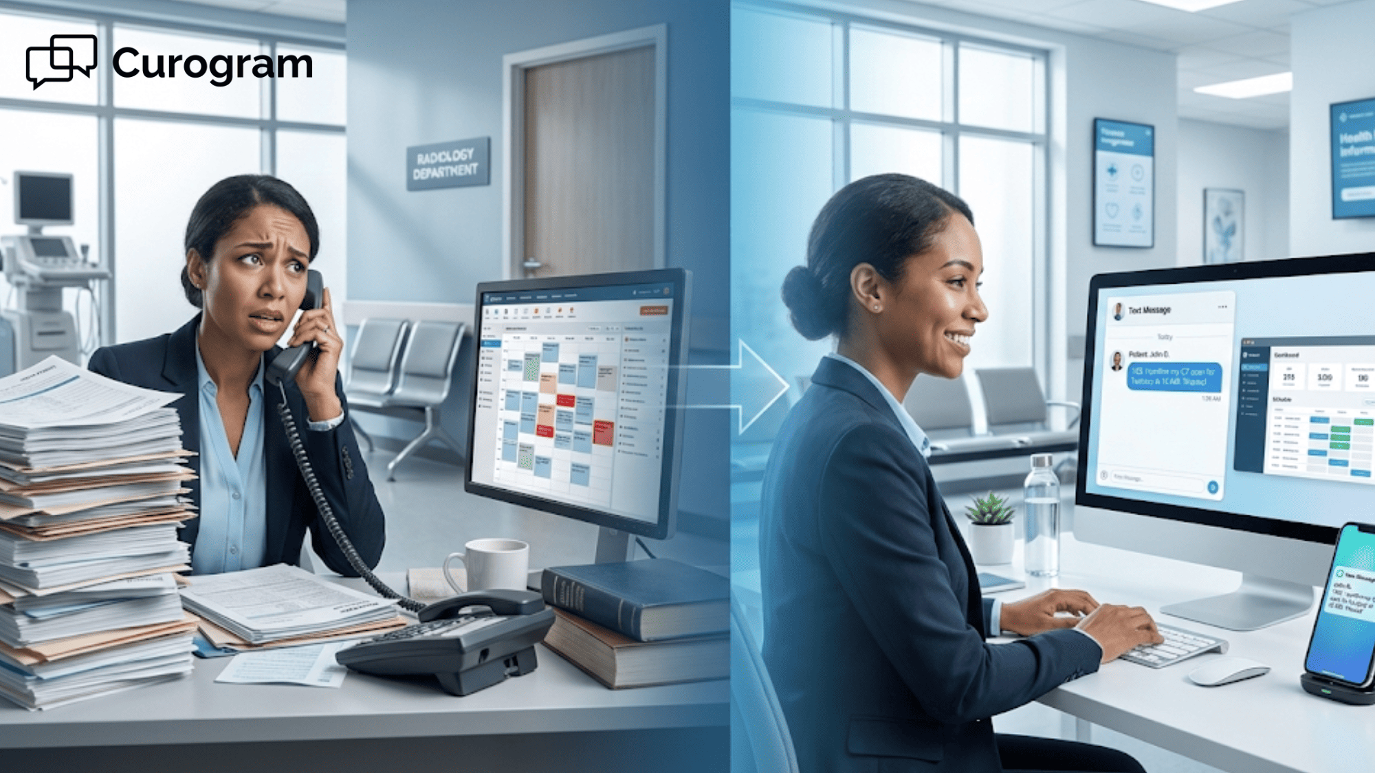 Split image comparing stressed radiology staff on phone versus relaxed staff using HIPAA-compliant texting platform