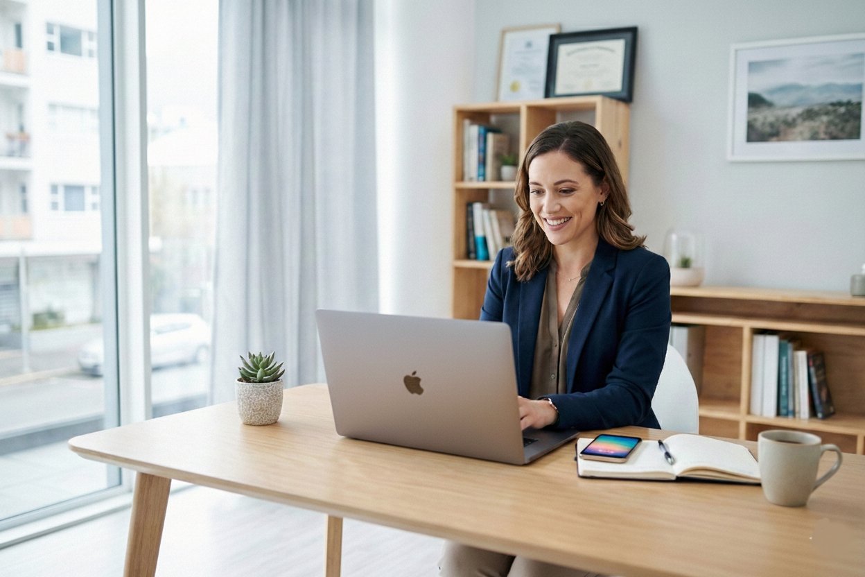Female psychiatrist communicating with patients via a secure, integrated clinical portal