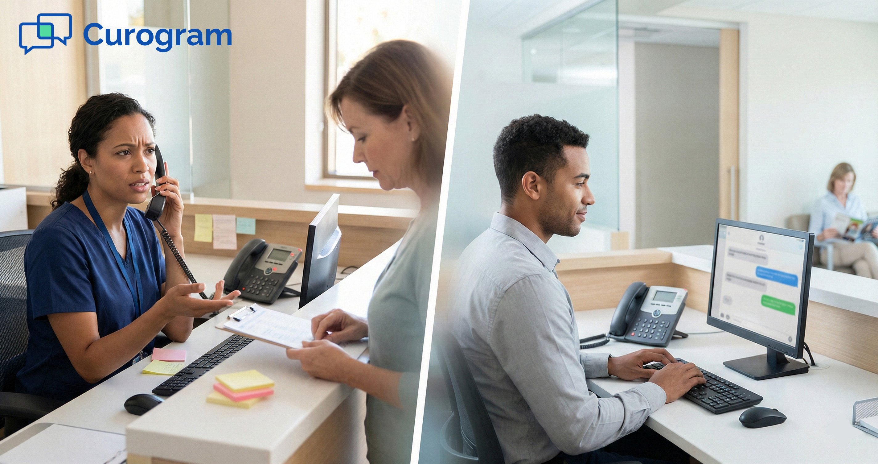 Side-by-side comparison of a stressed medical receptionist on the phone vs. a calm worker texting